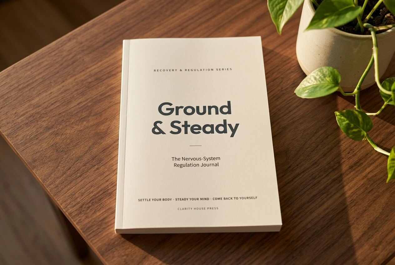 Ground & Steady: The Nervous-System Regulation Journal lying flat on a walnut table beside a potted trailing plant