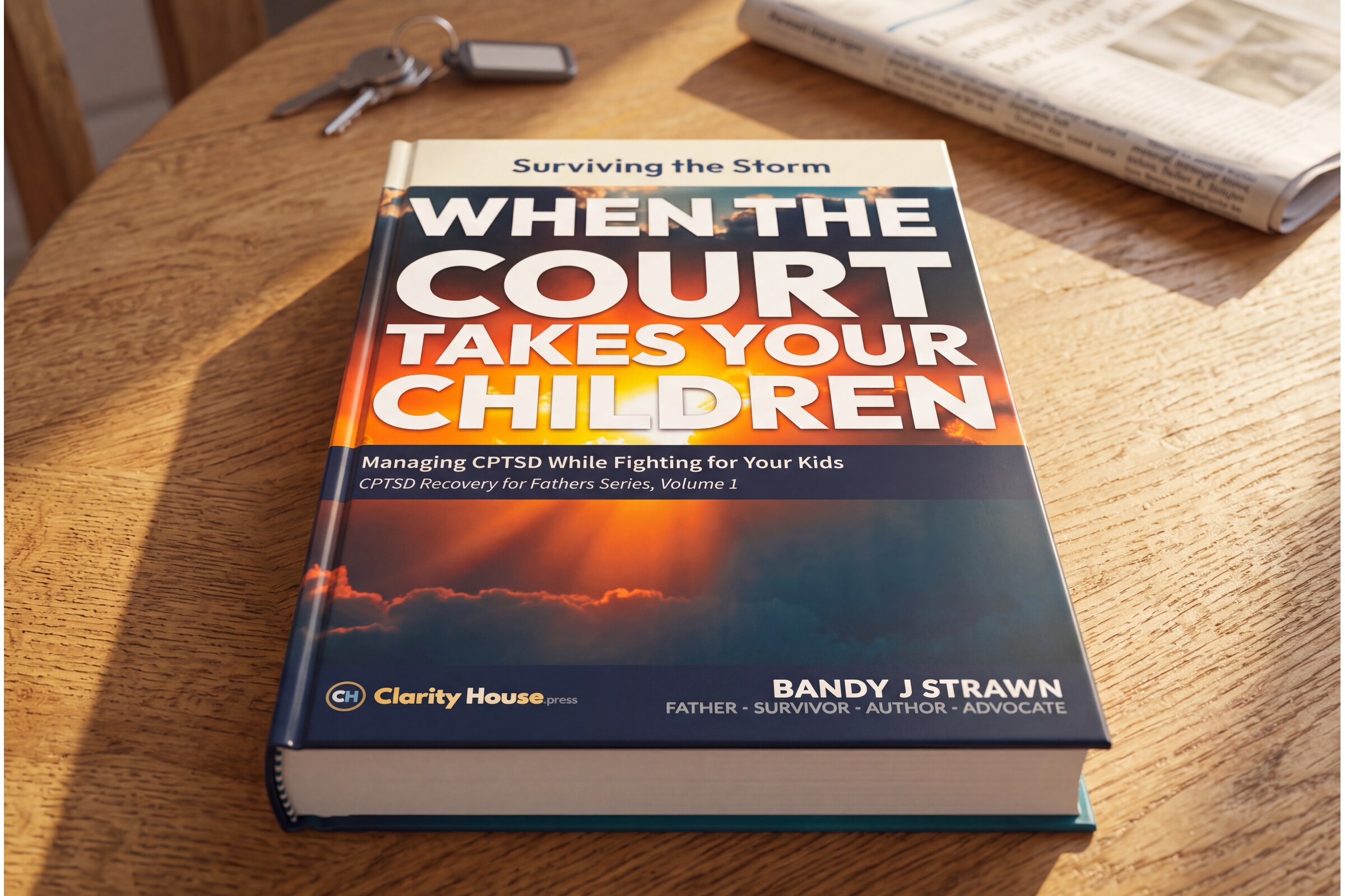 The hardcover of Surviving the Storm lying face-up on an oak kitchen table beside car keys and a folded newspaper