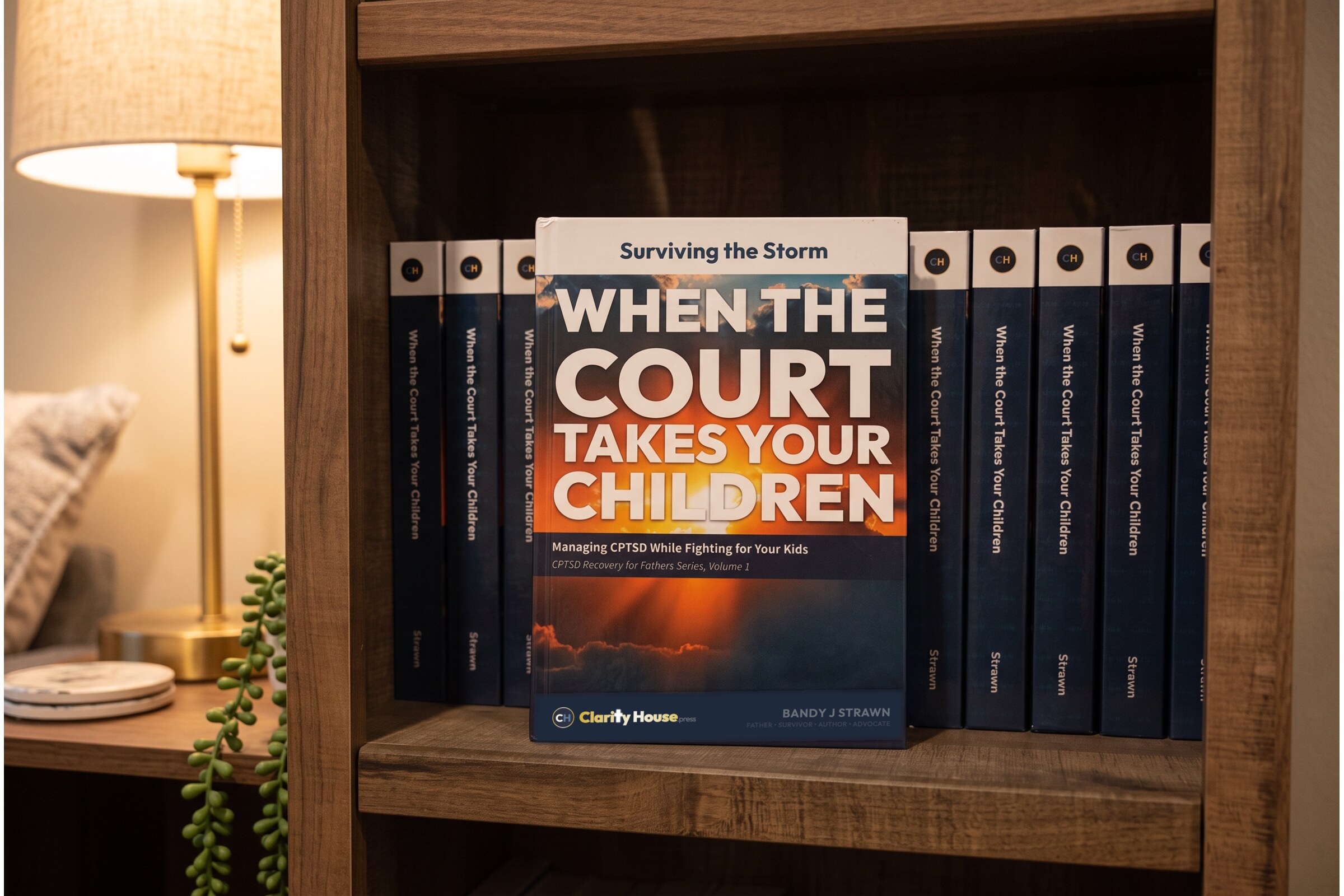 Surviving the Storm face-out on a wooden bookcase shelf, more copies spine-out behind it, a lit lamp alongside