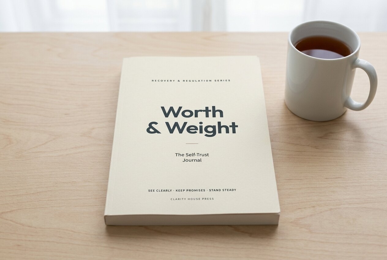 Worth & Weight: The Self-Trust Journal on a birch desk beside a white mug